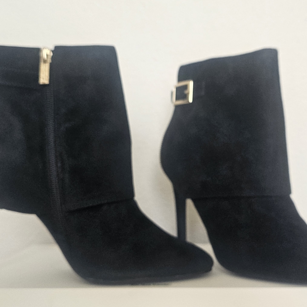 Black Suede Ankle Boots with Gold Accents